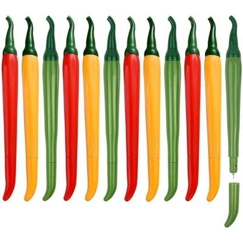Chili Shaped Pens 12Pcs - Red Yellow Green Pepper Ballpoint Pens, 0.5mm Black Ink Smooth Writing Gel