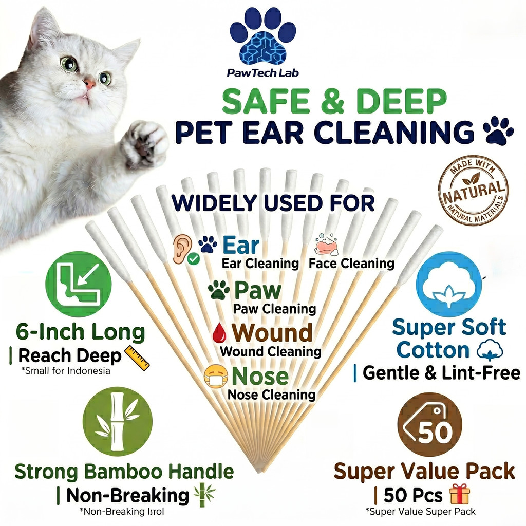 [ PawTech Lab] สำลีพันก้านสัตว์เลี้ยง | เช็ดหูสุนัข แมว | ก้านยาว 15 ซม. (50 ชิ้น) | ด้ามไม้ไผ่ ไม่หักคาหู | สำหรับทำความสะอาดช่องหูลึก