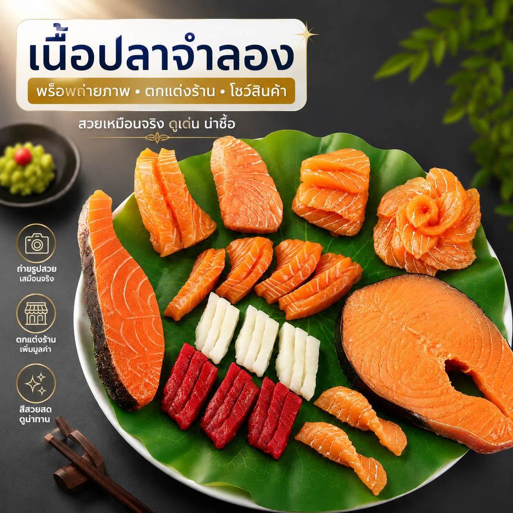 เนื้อปลาแซลมอนจำลอง ซาชิมิปลอม อาหารปลอมตกแต่งร้าน พร็อพถ่ายรูป คาเฟ่ ร้านอาหารญี่ปุ่น โมเดลอาหารเหมือนจริง