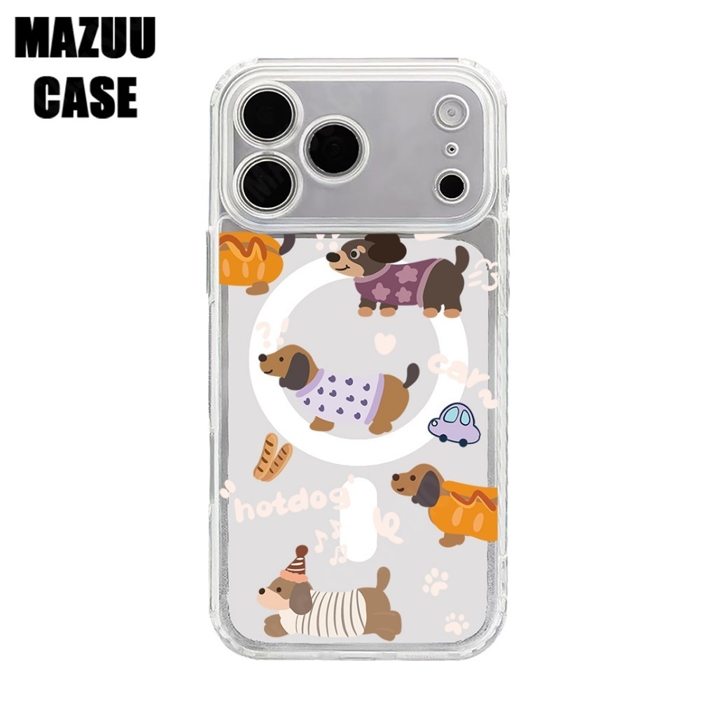 เคสไอโฟน แม่เหล็กใส TPU ครอบเลนส์เต็มตัว ลายสุนัขดัชชุนน่ารักสไตล์การ์ตูน iPhone 17 16 15 14 13 12 11 Pro Max Plus