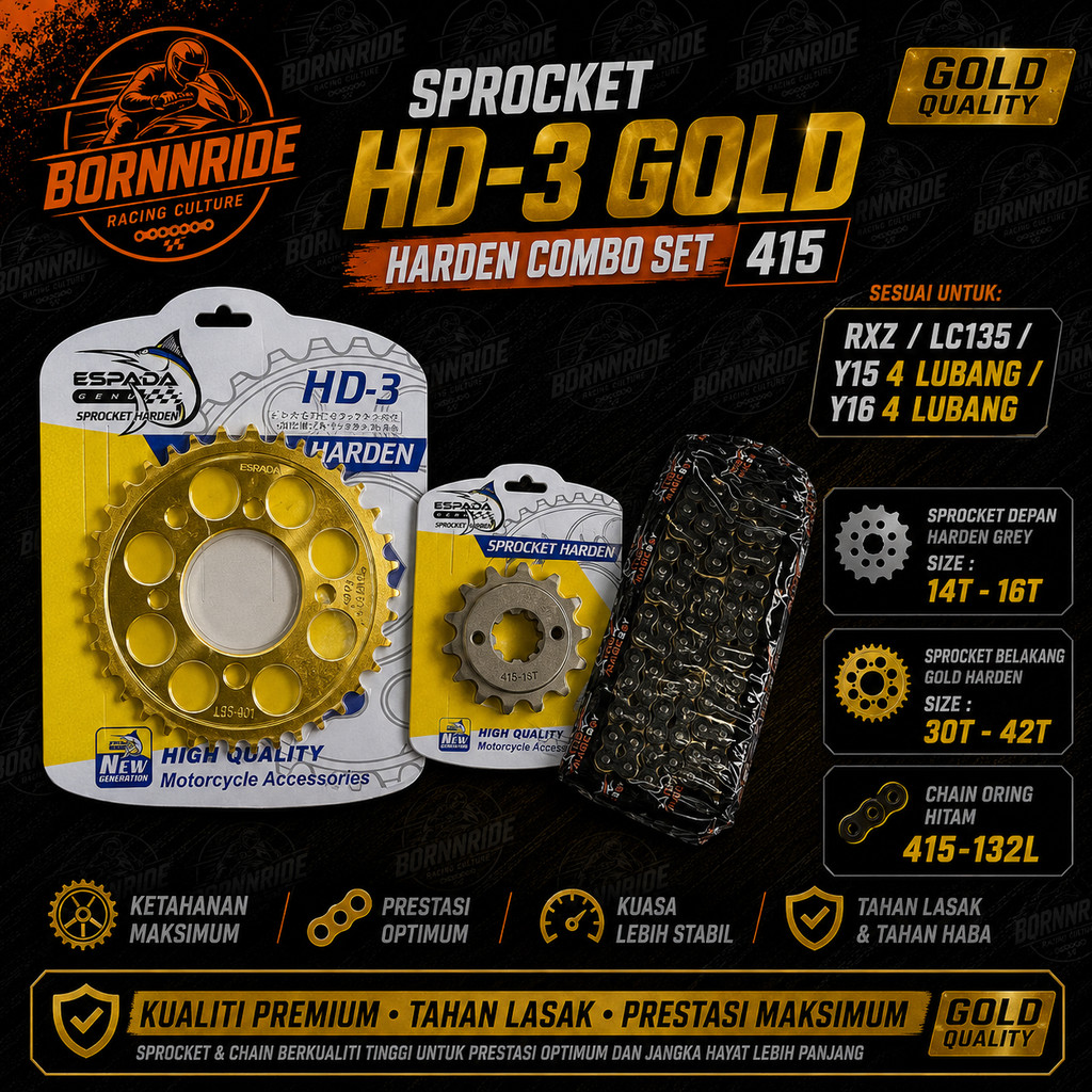 BORNNRIDE SPROCKET COMBO SET 415 LC135 4 LUBANG Y15 Y16 (BELAKANG HD-3 GOLD + DEPAN GREY + ORING RAN