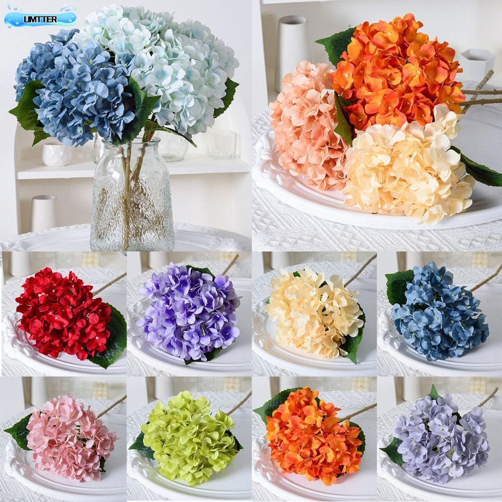 UMTTER ดอกไม้ผ้าไหมปลอม, ไฮเดรนเยียประดิษฐ์สีฟ้า 45 ซม., ช่อดอกไม้สีสันสดใสเหมือนจริง