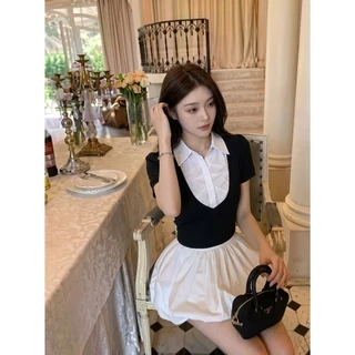 B&R พร้อมส่ง เสื้อยืดแขนสั้นครอปปลอมสองตัว เสื้อรัดรูปสไตล์เกาหลีคอลเลจ แต่งตัวไปทำงาน-ไปเที่ยวได้เลย