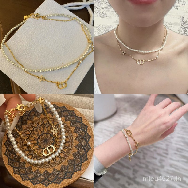 หญิงโกลเด้นเพิร์ลบ้านรู้สึกบ้าน25ปีดาวห้าแฉกระดับไฮเอนด์สร้อยข้อมือใหม่สองชั้นcdd Diสูทสร้อยคอIOBV
