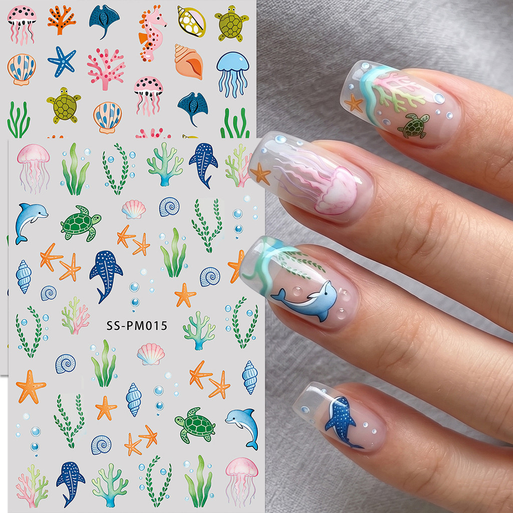 HAMA 3D Marine Ocean สติ๊กเกอร์ติดเล็บเต่าทะเลแมงกะพรุน Dolphin ปลาดาว Self-Adhesive Decals ฤดูร้อน Beach เล็บ DIY ตกแต่งเล็บ