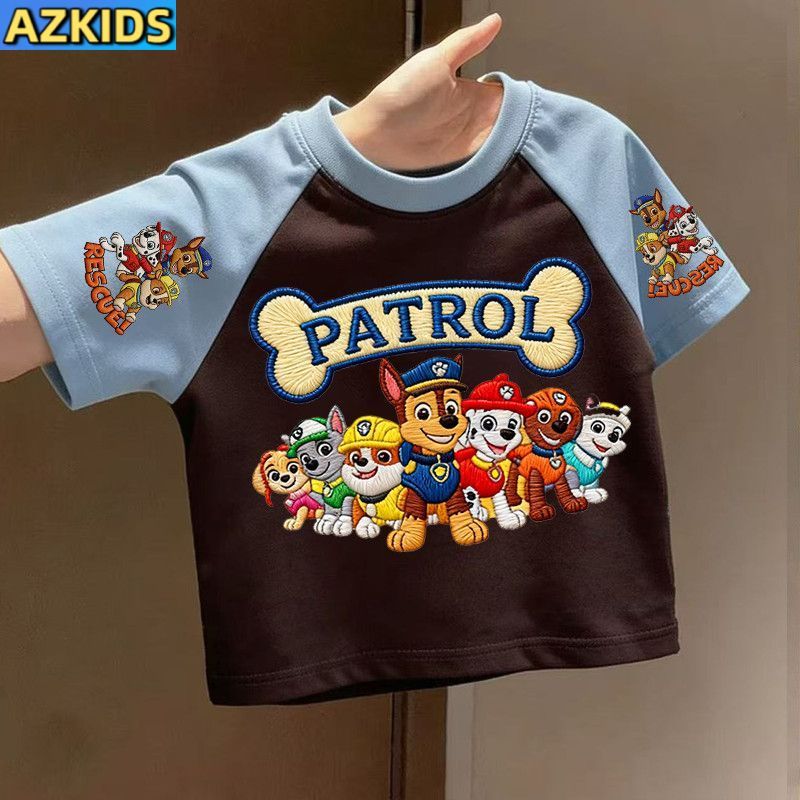 paw patrol เสื้อยืดแขนสั้นสำหรับเด็ก ทำจากผ้าฝ้ายแท้ พิมพ์การ์ตูนรอบคอด้านบน สไตล์เหมาะสำหรับหน้าร้อน