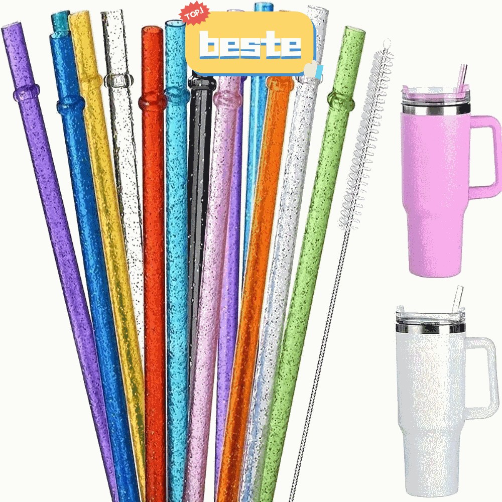 BESTE 1PC Glitter Straw, รถ Travel Cup Straw แบบพกพาผงทองหลอดพลาสติก, ของขวัญพร้อมแปรงทําความสะอาดอุ