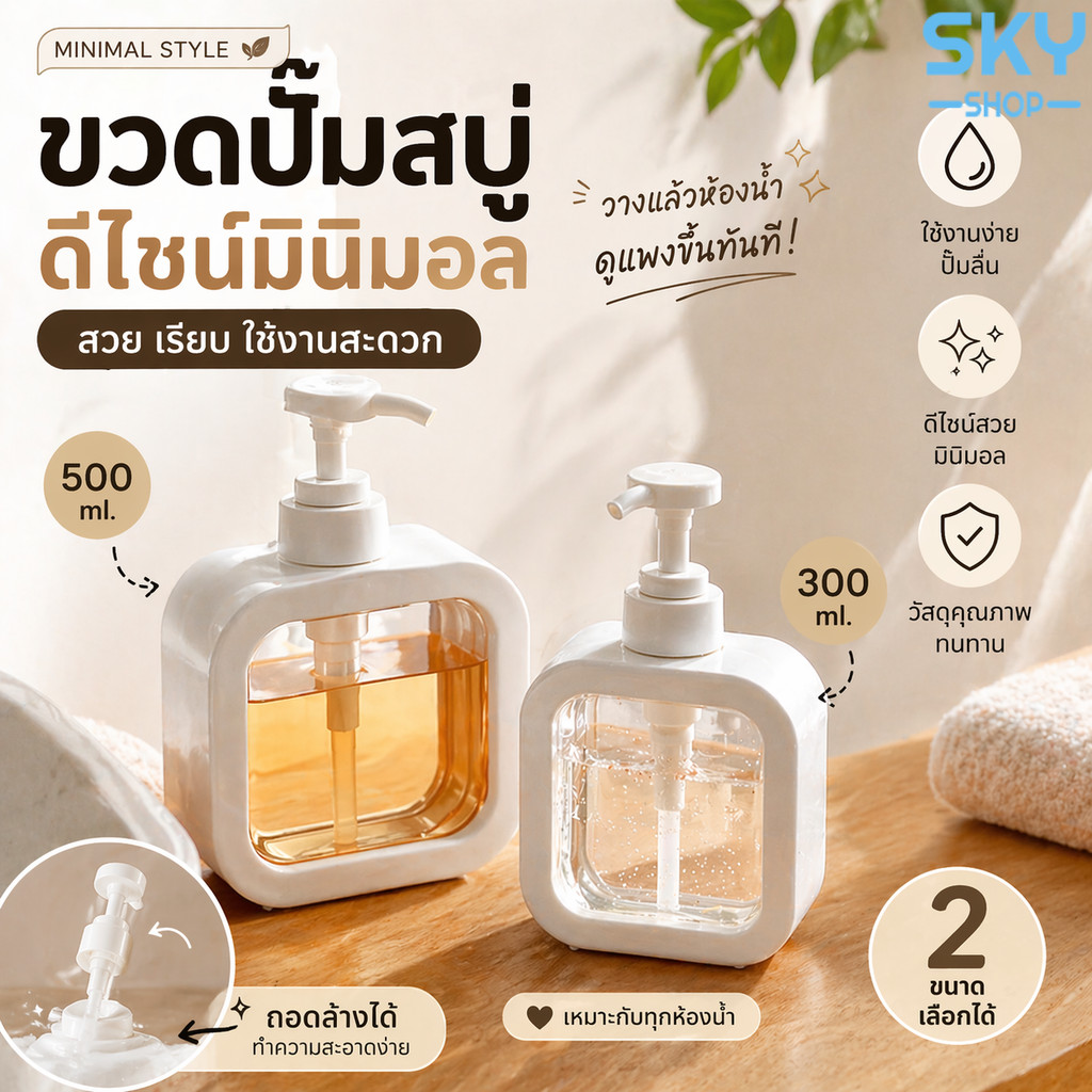 SKY ขวดปั๊มสบู่เหลว 300/500ml ขวดปั๊มเปล่า ขวดพลาสติกใส ถอดออกได้ สําหรับแชมพู โลชั่น เจลอาบน้ํา เจลอาบน้ํา
