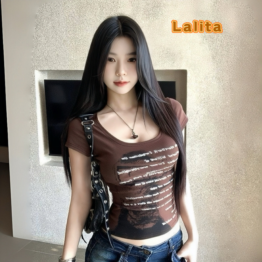 Lalita ส่งไวจากไทย เสื้อยืดผู้หญิง แขนสั้น ลายตัวอักษร สไตล์เกาหลี ย้อนยุค เซ็กซี่