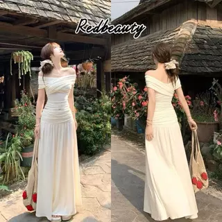 RedBeauty🌹เดรสเปิดไหล่ดีไซน์หรูสไตล์ฝรั่งเศส ชุดสวยหรูสำหรับฤดูร้อน/ฤดูใบไม้ผลิ เสื้อสีแอปริคอตและกระโปรงยาวเข้าชุดกัน