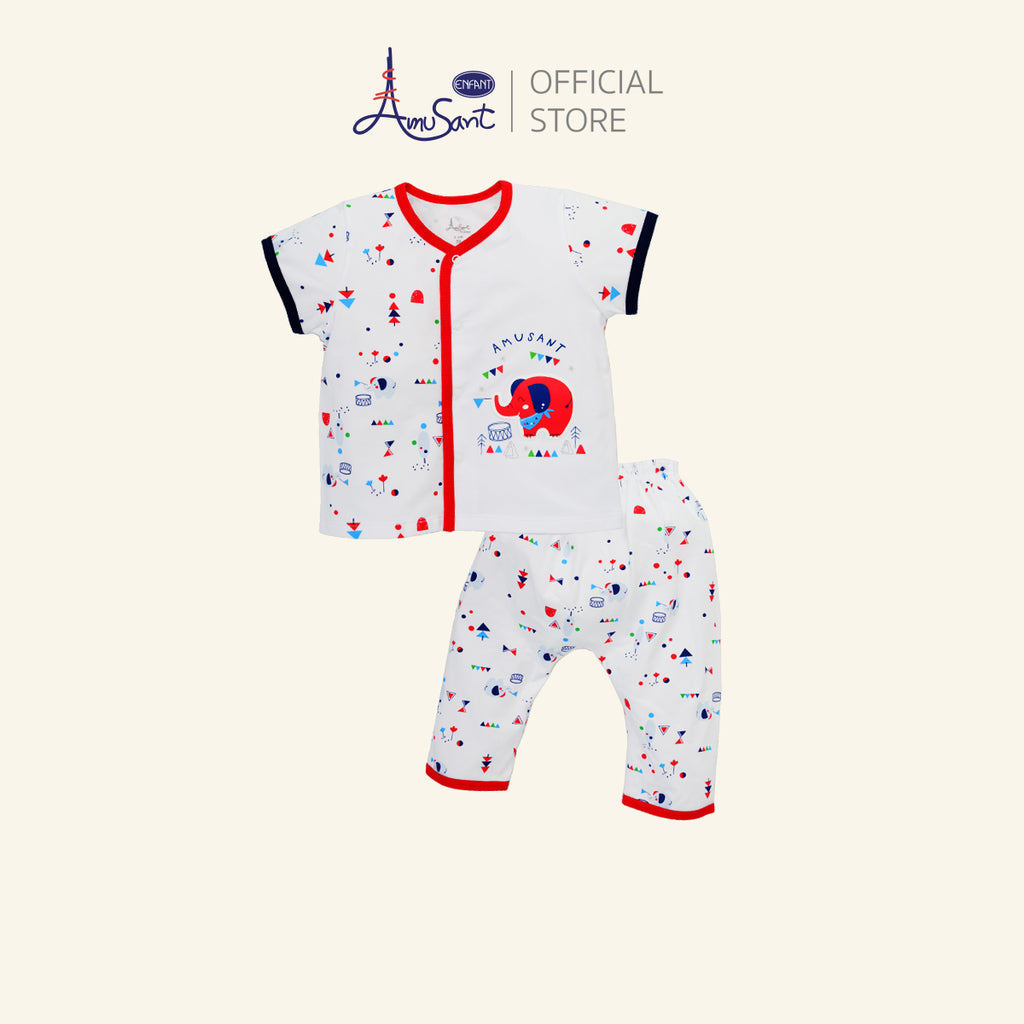 AMUSANT ชุดเสื้อแขนสั้นกระดุมสแน๊ป+กางเกงขายาว 3เดือน-2ปี ลายช้าง EH1N84