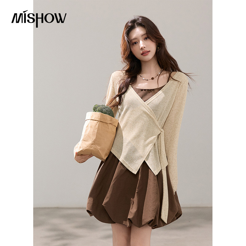 MISHOW ชุดสองชิ้นสีเบจสีน้ำตาล ชุดCamisole ทรงสง่า พร้อมกระโปรง สำหรับฤดูใบไม้ผลิ