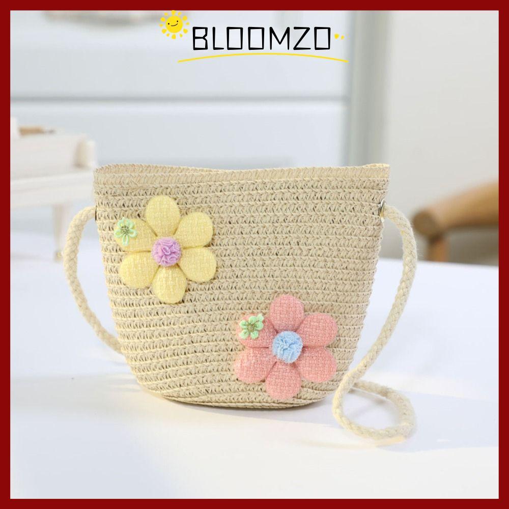 in stockBLOOMZO เด็ก Messenger กระเป๋า,ซิป Photo Props สาวดอกไม้ฟางกระเป๋า,ตะกร้าเก็บเหรียญ Handmade ทอ Crossbody กระเป๋าถือ