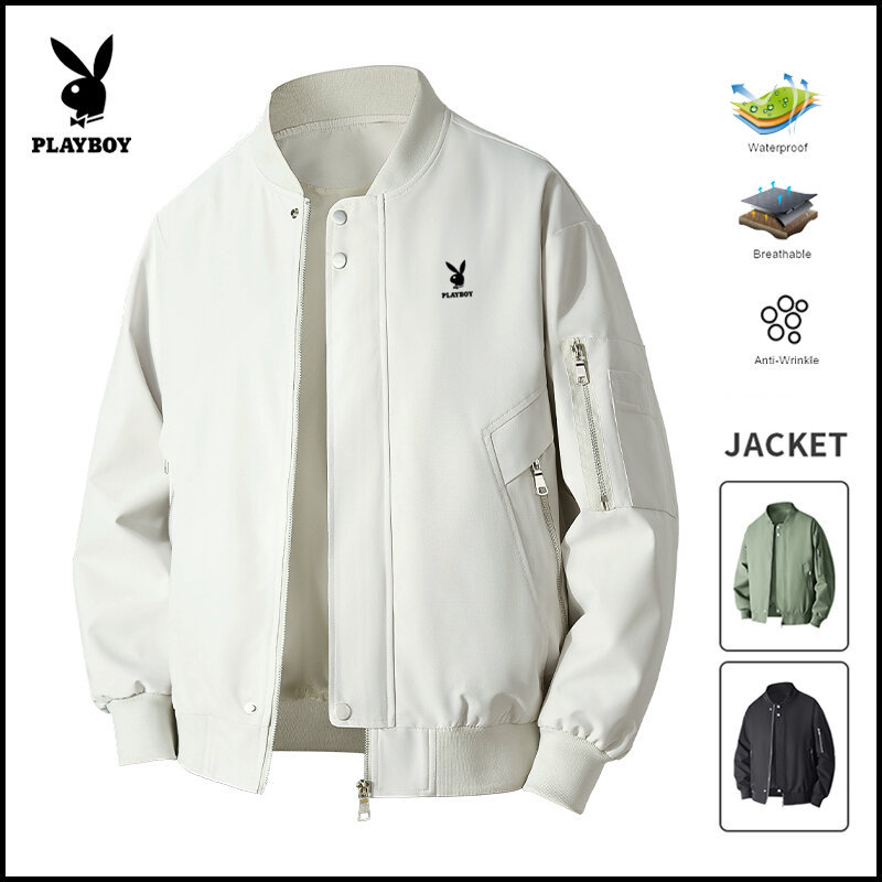 Playboy Spring Mens Casual Jacket Waterproof Pure White Fashion Handsome American Ins Trench Coat