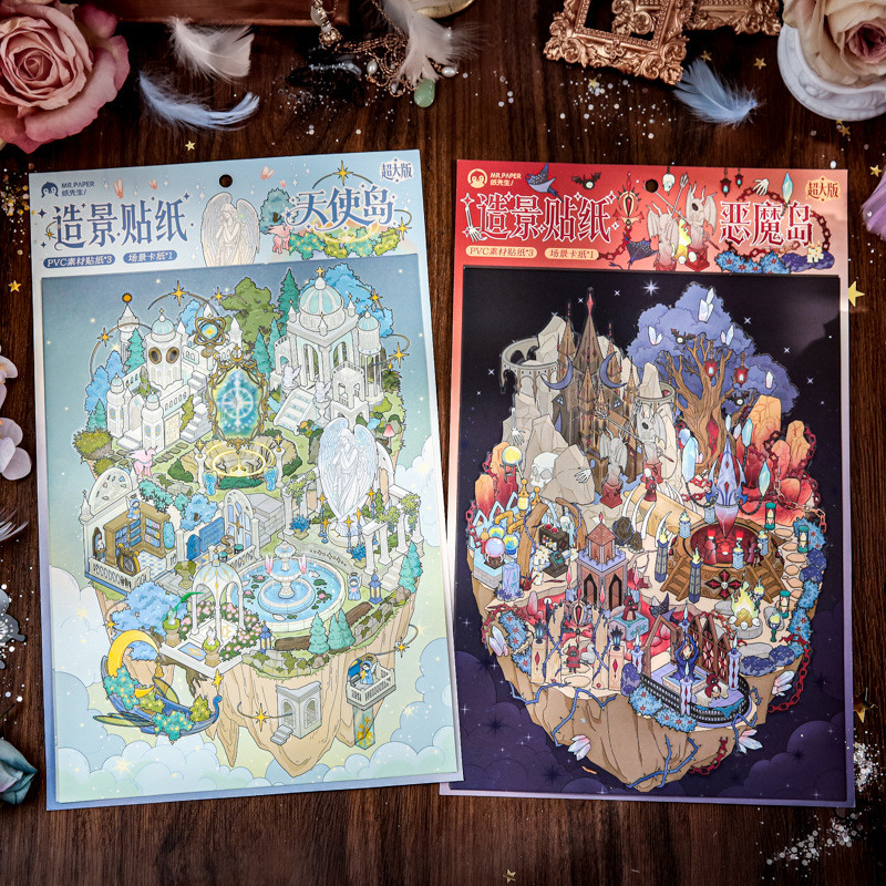 WEI 4 ชิ้น [ชุดเกาะคู่ลอย] สติ๊กเกอร์แนวนอนกันน้ํา 3D Jumbo Angel Island Devils Island ยุโรปเทพนิยายสําหรับวารสาร