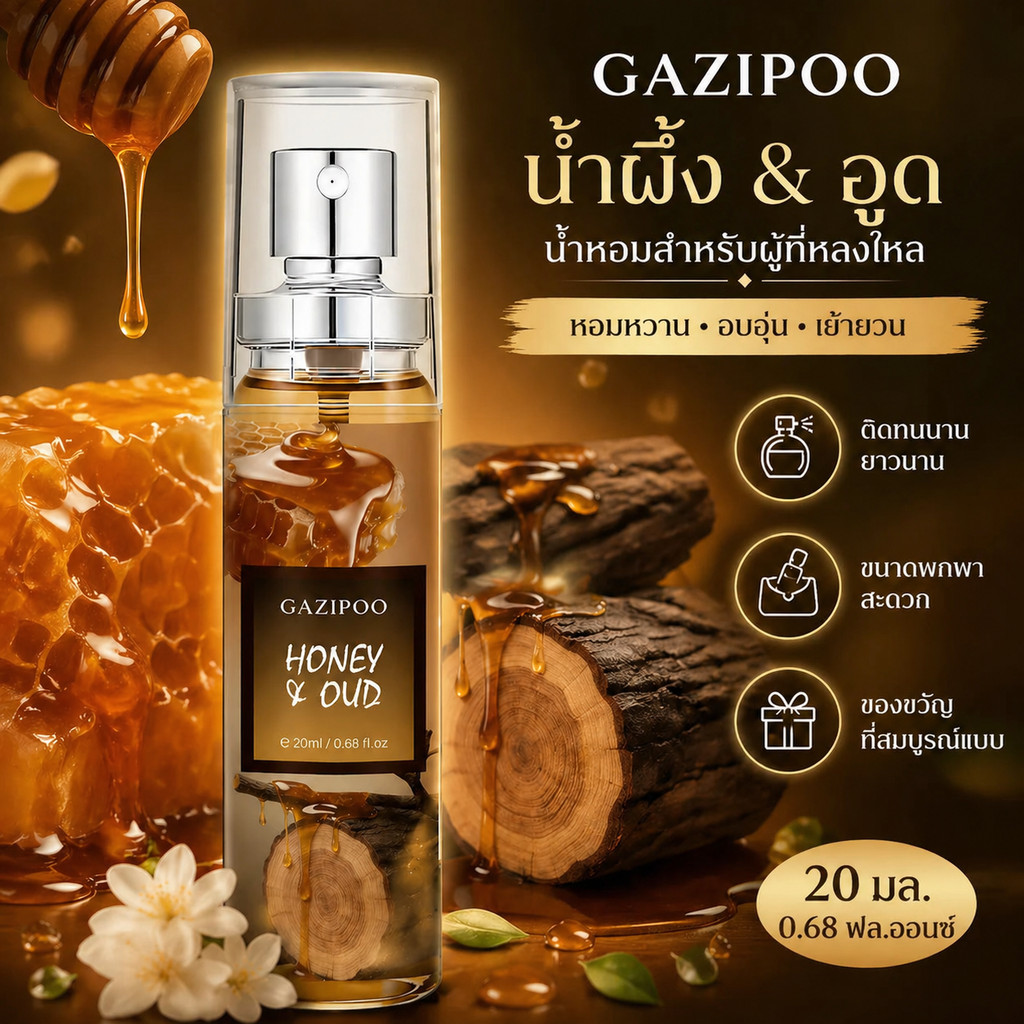 GAZIPOO ✨น้ำหอม Honey & Oud (20ml) กลิ่นหอมหวานหรูหรา ผสมผสานไม้กฤษณาและน้ำผึ้ง ติดทนนาน พกพาสะดวก