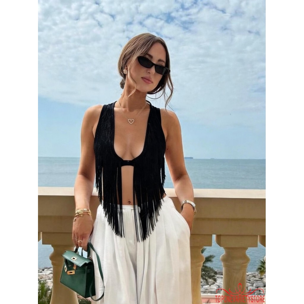 -tank top สำหรับผู้หญิง แบบDeep V ตัดเย็บด้วยรายละเอียดพู่ ไม่มีแขน เหมาะสำหรับงานปาร์ตี้และคลับ สไตล์เปิดหลัง