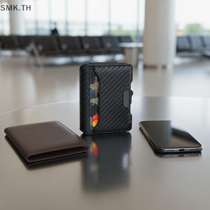 [SMK] Leather Side Push Design 1Pcs Card Holder RFID Bloing Wallet Multi Slots Business Organization