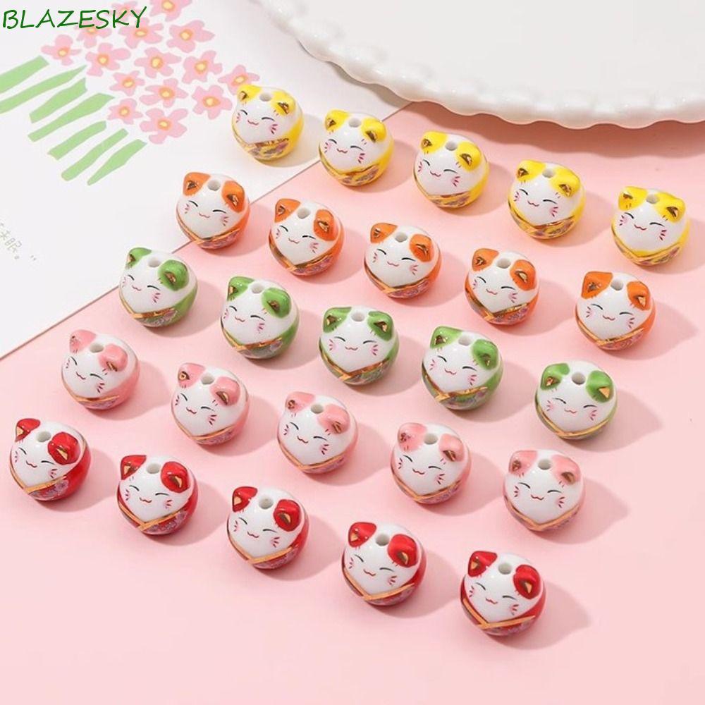 BLAZESKY ลูกปัดแมว พลูตัส, สร้อยคอ Cat Maneki-eko ลูกปัด, แฟชั่น Kitty Handmade เซรามิค Fortune Cat 