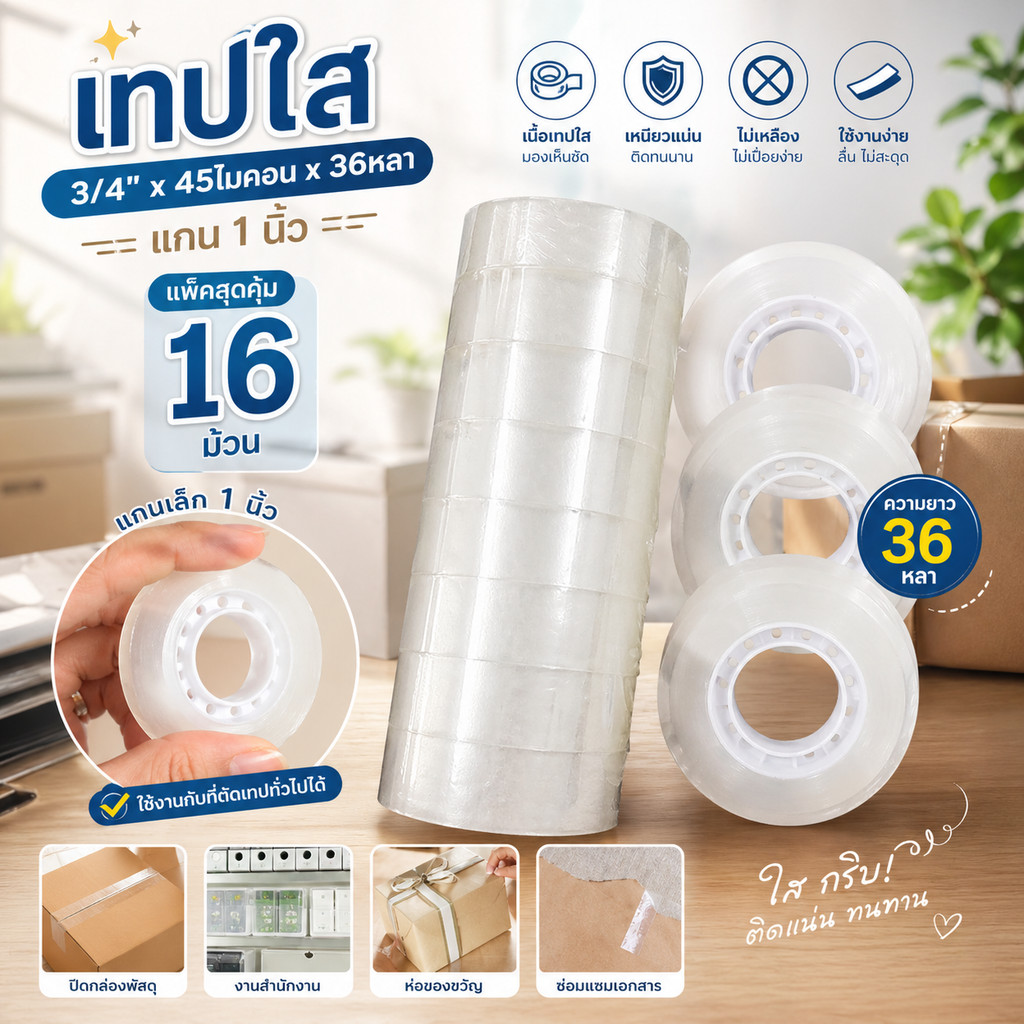 เทปใส 3/4นิ้ว*45ไมคอน*36หลา(แกน1นิ้ว) เทปสำนักงาน สก๊อตเทป เทปใสแกนเล็ก1นิ้ว (16ม้วน) ราคา ถูกที่สุด ดีลบีเคเค รูปภาพหลัก