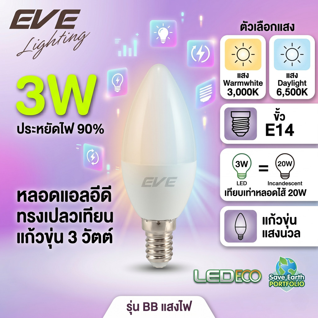 EVE หลอดไฟ LED 3W ทรงเปลวเทียน ขั้ว E14 รุ่น ECO แก้วขุ่น แสง Warm White / Daylight ประหยัดไฟ 90% สำหรับโคมช่อ โคมไฟกิ่ง