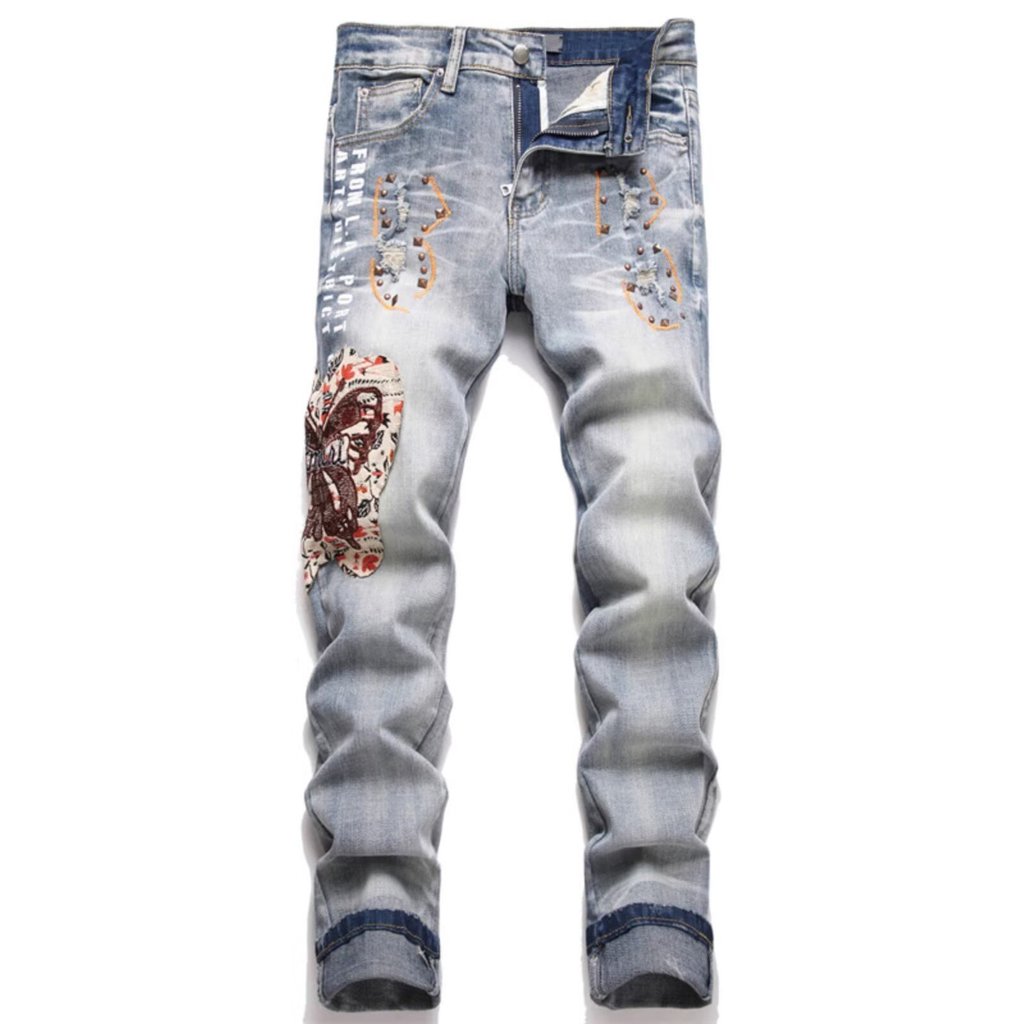 American Casual Street High Street ปัก Street สวมใส่ Ripped กางเกงยีนส์ผู้ชาย High-End ยืด Slim-fit