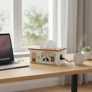 Tidy & Organizing กล่องการจัดการสายไฟไม้ ดีไซน์กลวงออก ที่จัดระเบียบสายไฟดีไซน์คาเฟ่สําหรับสํานักงาน ห้องนั่งเล่น
