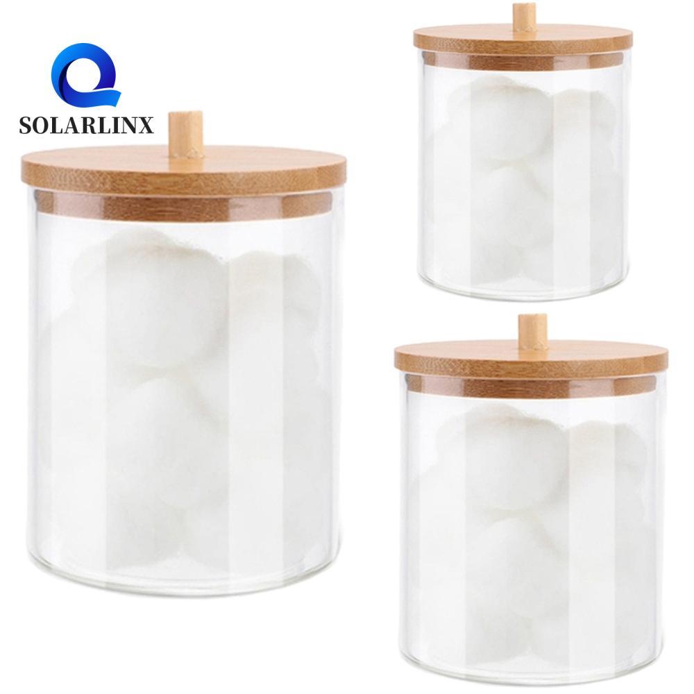 SOLARLINX Qtips Holder Candy อะคริลิคเครื่องสําอางมัลติฟังก์ชั่นพร้อมฝาปิดไม้ไผ่ขวดห้องน้ํา