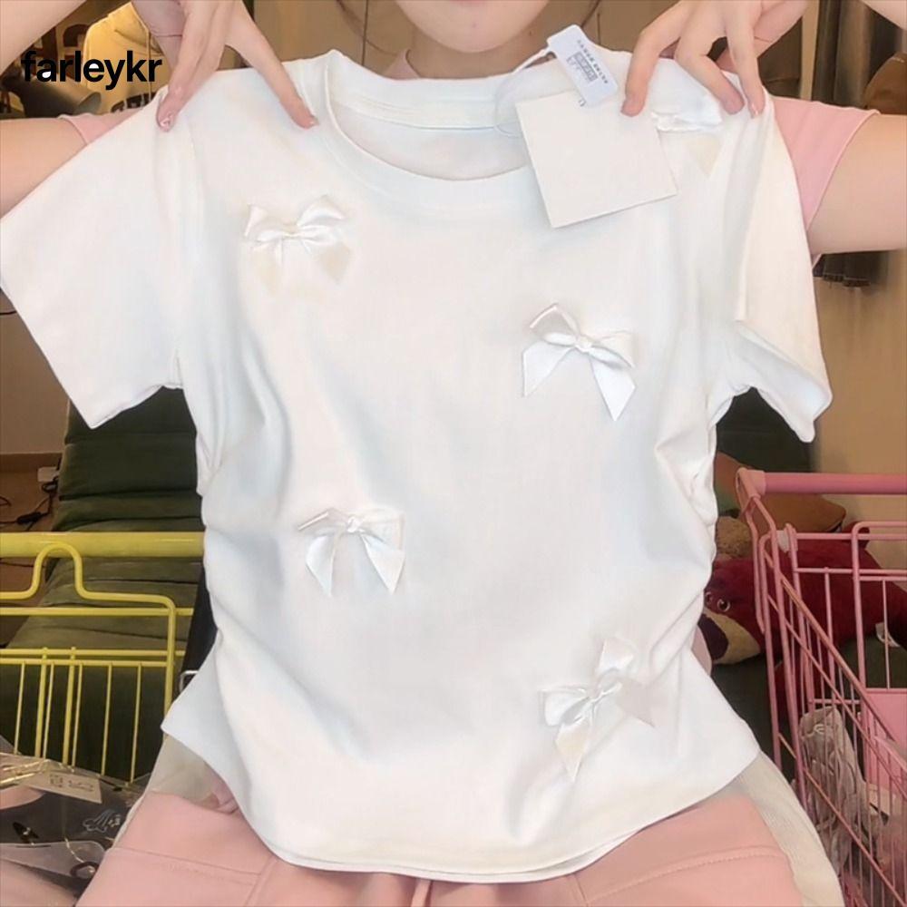 Frl กุทัณฑ์ ที เสื้อ,รอบคอแขนสั้นผู้หญิงด้านบน,สีทึบหรูหราสไตล์ญี่ปุ่นบัลเล่ต์ริบบิ้นพืชเสื้อกล้ามผู