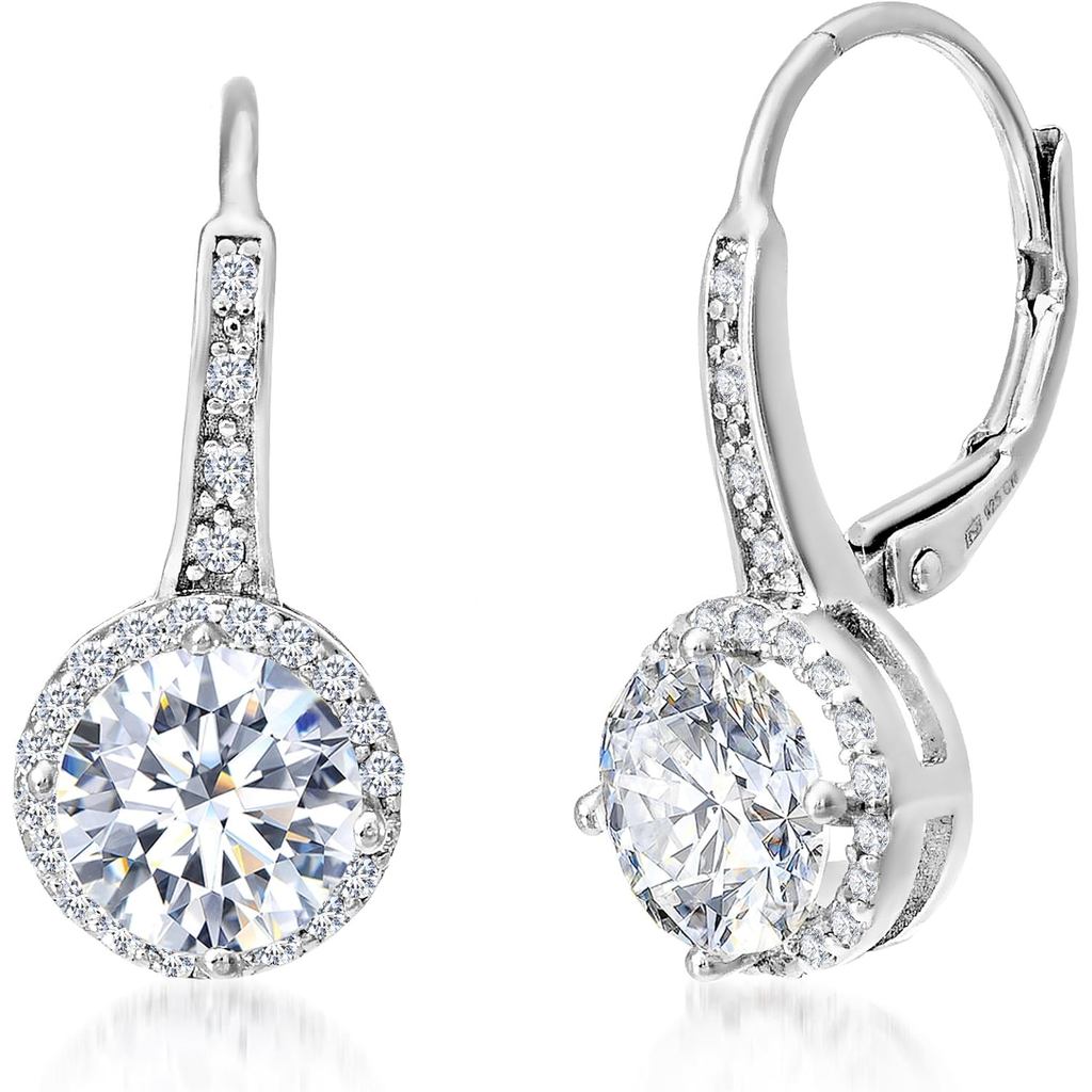Mia Sarine 925 เงินสเตอร์ลิง Cubic Zirconia Halo Lever กลับ Dangle ต่างหูเจ้าสาวสําหรับผู้หญิง
