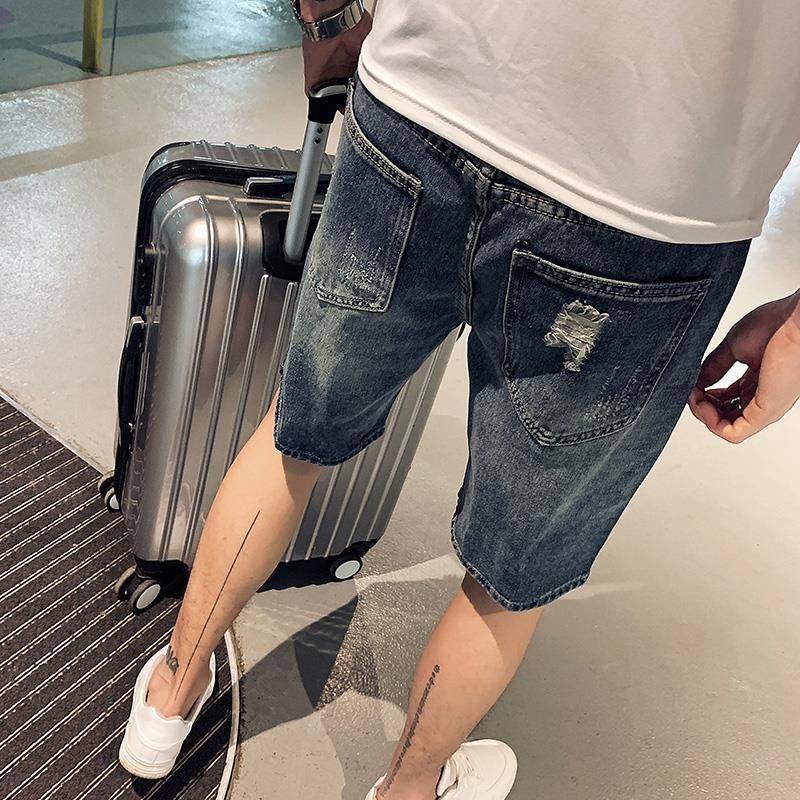 【ks0674.th】 网红乞丐牛仔短裤男夏季韩版直筒五分裤潮牌休闲破洞牛仔中裤Internet celebrity beggar denim shorts for men in summer 【05