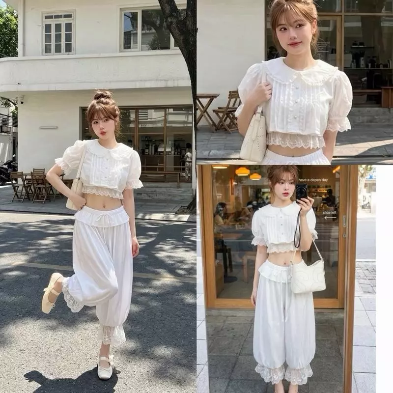 Jinni look เซตเสื้อแขนตุ๊กตา กางเกงจินนี่ แต่งลูกไม้ น่ารักมากกก (มีแยกขาย) ช27+t7