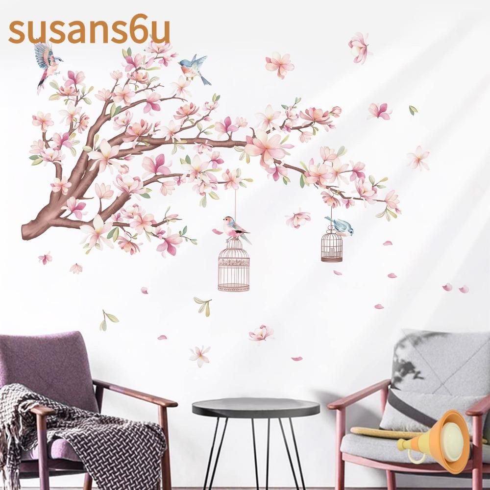 SUSAN สติ๊กเกอร์ติดผนังดอกซากุระนกบิน สีชมพู PVC ถอดได้ 23.62x11.81in สำหรับห้องนอน ห้องนั่งเล่น ตกแต่งผนัง