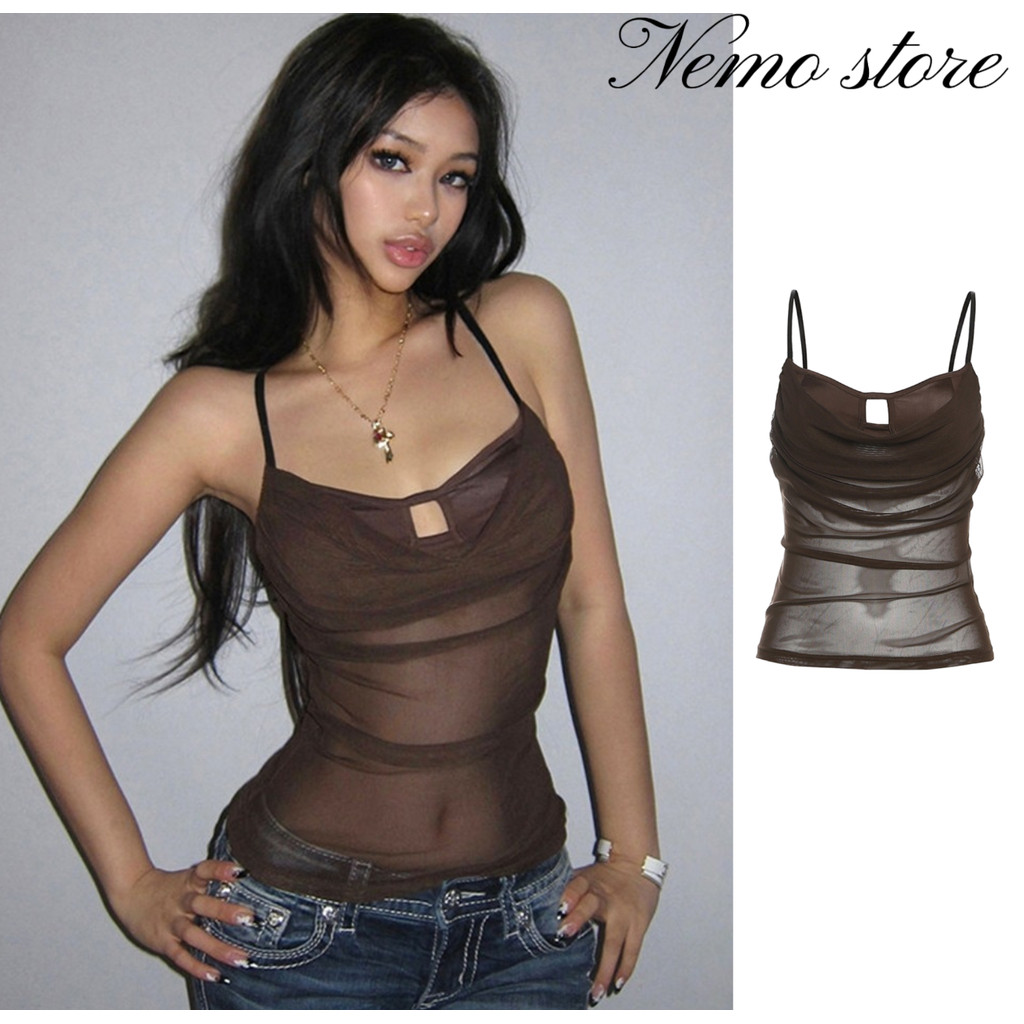 Nemo #(FY5116#1) เสื้อสายเดี่ยวซีทรูเกาหลี มีซับในเฉพาะอก ทรงรัดรูปสุดเซ็กซี่ ผ้านุ่มสบาย