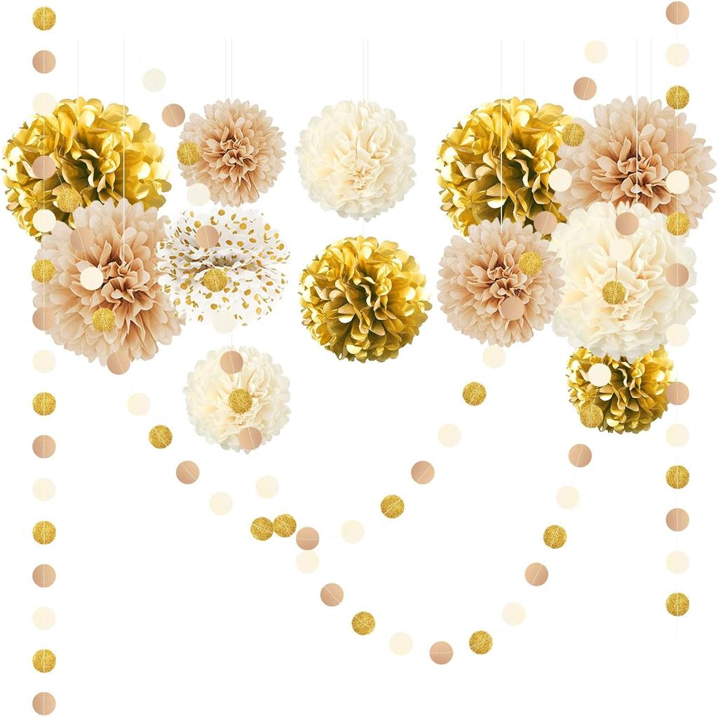 NICROHOME EUR สีขาวทองชุดตกแต่งงานปาร์ตี้, 15 ชิ้นทองคําขาวแชมเปญกระดาษทิชชู Pom Poms จุดกระดาษ Garl