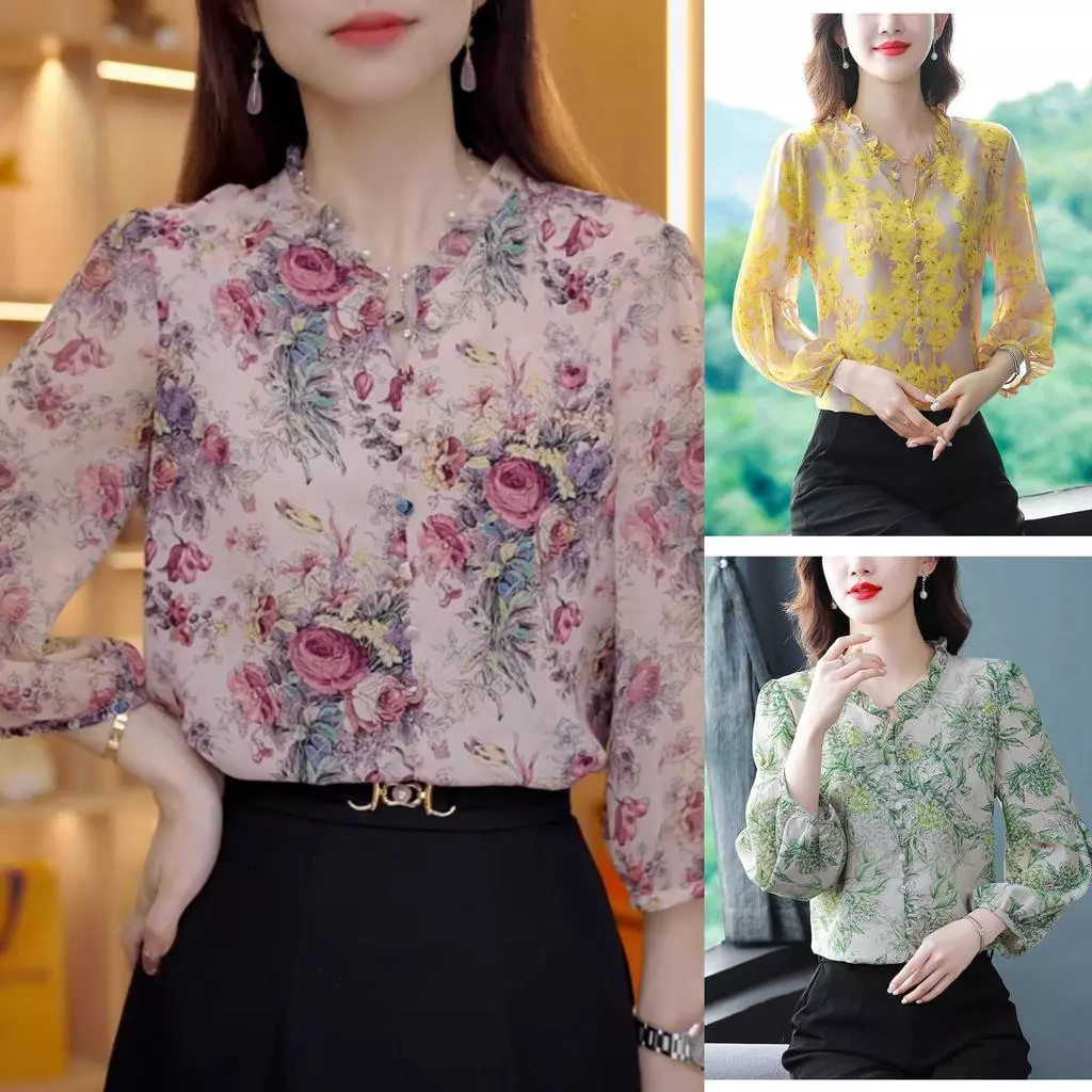 Chili Koko เสื้อเชิ้ตลายดอกไม้ผู้หญิง แขนยาวทรงหลวมใส่ผอมสไตล์หรูหรา เสื้อเชิ้ตผ้าชีฟองลายดอก คอระบายแขนยาว 99097
