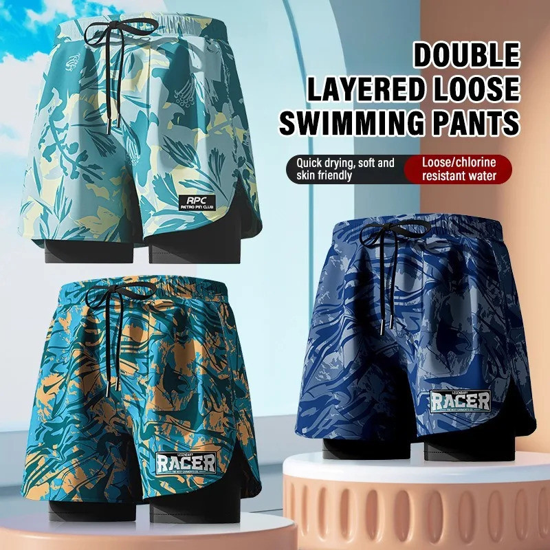 กางเกงว่ายน้ำชายแห้งเร็ว 2 ชั้น | สำหรับชายหาด กิจกรรมกลางแจ้ง ทางน้ำ | ใส่สบาย ไม่ผิดรูป