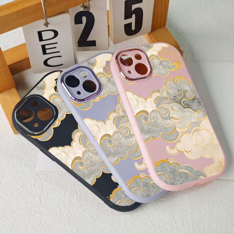 เคสไอโฟนเมฆทองคลาสสิก 11/12/13/14/15/16/17 Pro Max, รูปแบบศิลปะ, ขอบชุบทอง,
