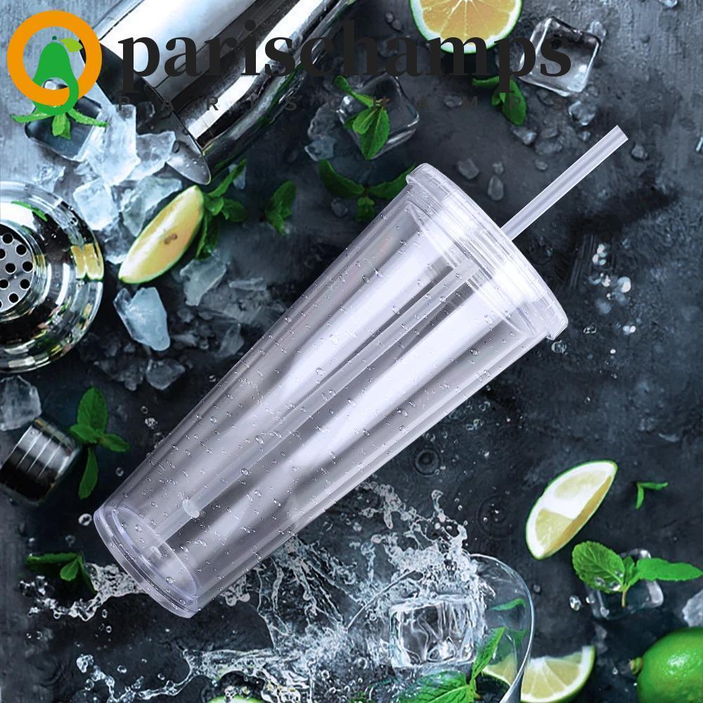 Parischamps แก้วน้ําใสพร้อมฝาปิดและฟางขวดน้ําสองชั้น, Drinkware โปร่งใส 350/450/650ml ถ้วยกาแฟเย็นพลาสติกใช้ในบ้าน