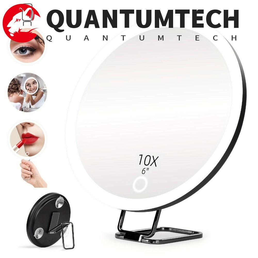 QUANTUMTECH กระจกขยายพร้อมไฟ 360° ขาตั้งปรับได้กระจกแต่งหน้า นํา ความละเอียดสูง, ถ้วยดูดแบบพับได้ขนาดกะทัดรัดแขวนผนังแว่นขยายส่องสว่าง การท่องเที่ยว