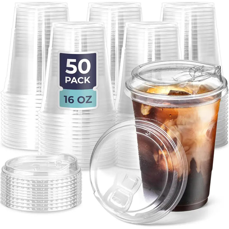12/16/20/24oz Clear Plastic Cup with Lids 50 Set Disposable Cups for Iced Coffee or Juice Party  Smo