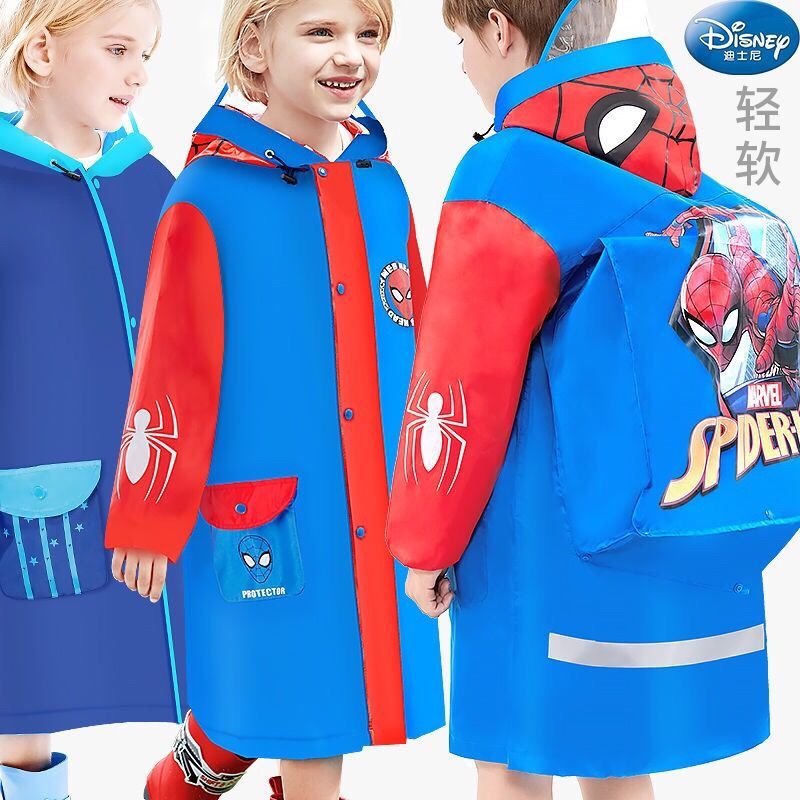 Disney Children Raincoat Boy Spiderman with Schoolbag Bit Baby Kindergarten Elementary School Students Waterproof Poncho American Team 17.3