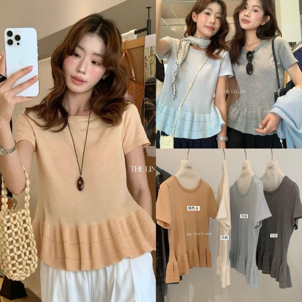 ❤ ❤ 🧵 🇰🇷 LM1091 เสื้อคอกลมแขนสั้น แต่งชายระบาย เป้นผ้าไหมพรมทอเนื้อนิ่มใส่สบาย แฟชั่นเกาหลี TAG LEMON  🧡
