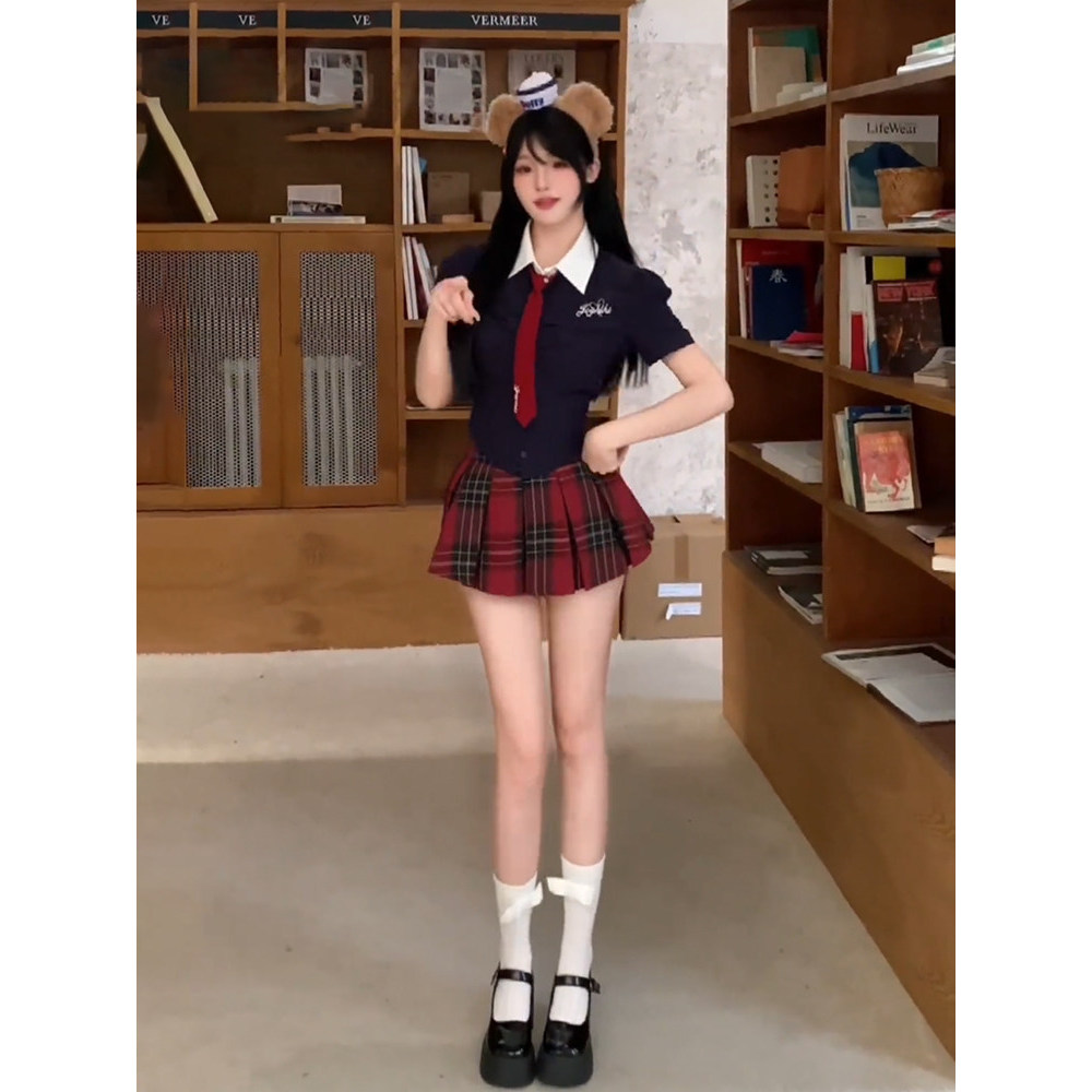 ชุดเซตผู้หญิง ชุดเซ็ท ผู้หญิง STRIVE UMiko เสื้อเชิ้ตรัดเอวสไตล์วิทยาลัยบริสุทธิ์สำหรับผู้หญิงชุดกระ