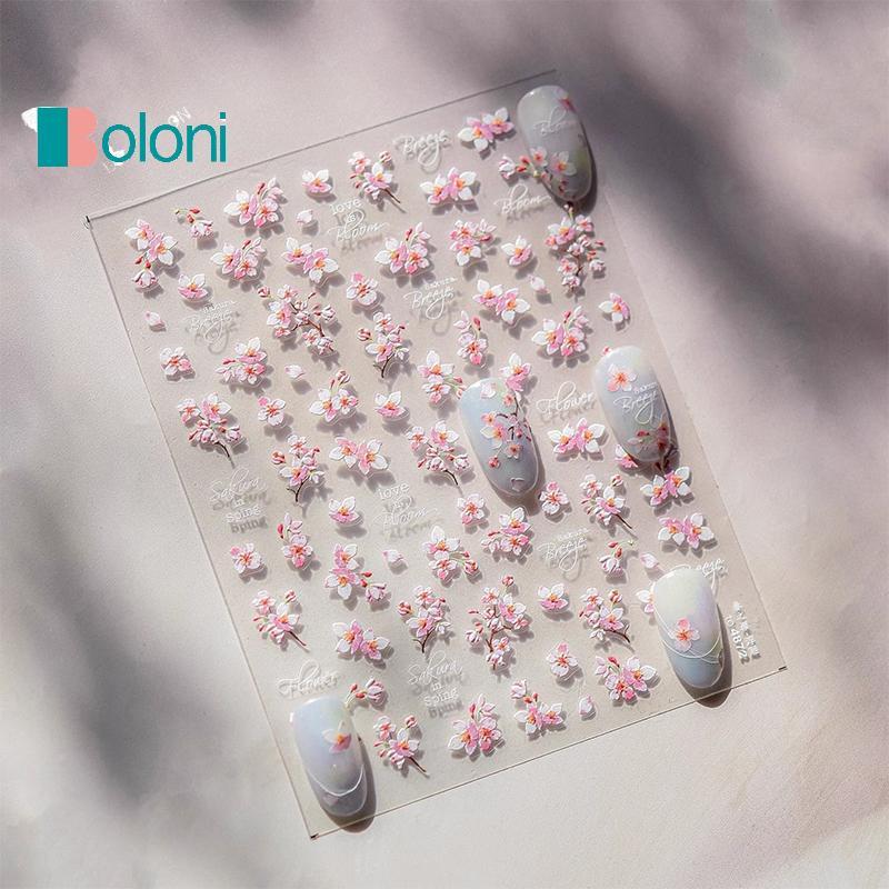 [Boloni] 1PCS 5D Soft Relief Sakura Nail Stiers Nail Art Decorative Nail Decals ดอกไม้แบบมีกาวในตัว Stiers กดบนเล็บ Stiers ใหม่