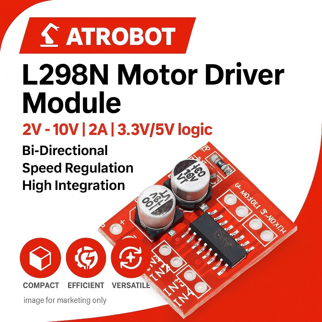 Dual H-Bridge Motor Driver 2A PWM Forward/Reverse 2-10V, 3.3V/5V Signal, for 2 DC/1 Stepper Motor - Compact, L298N Compa