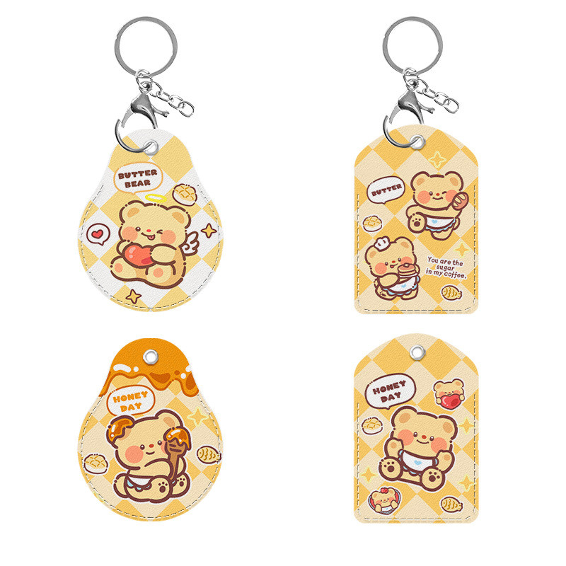 Butter Bear Access Control Card Holder Round Small Square Square Water Drop pu Leather Keychain Electric Vehicle NFC Protective Case Cartoon Area