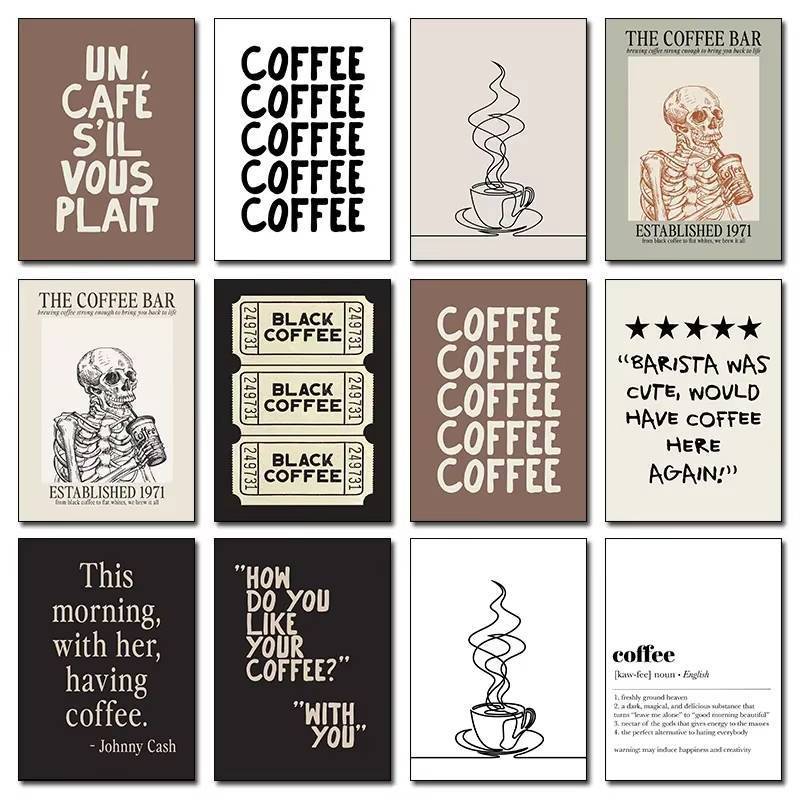 ถ้วยกาแฟ Line Art Skeleton โปสเตอร์ไม่มีกรอบผ้าใบภาพวาด Wall Art สําหรับห้องนั่งเล่นตกแต่งบ้านที่ทันสมัย