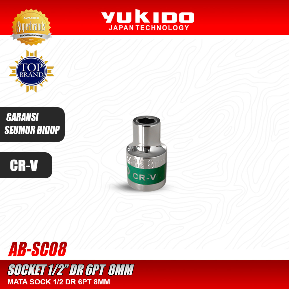 MATA YUKIDO ซ็อกเก็ตบิต 1/2" DR 6PT 8MM - ซ็อกเก็ต 1/2" 6PT 8MM Yukido AB-SC08