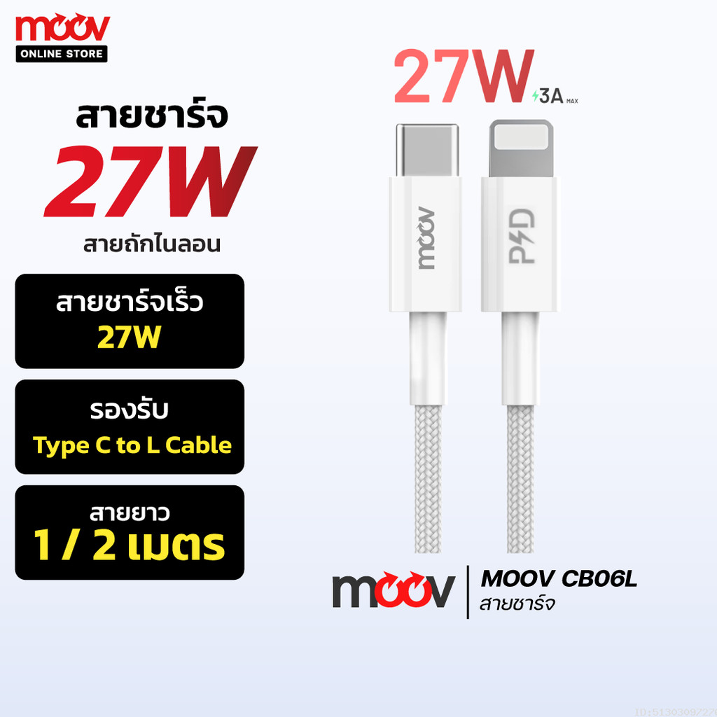 [ส่งด่วน] Moov CB06L สายชาร์จ Type C to L Cable สำหรับไอโฟน 14 Pro Max 13 Pro 12 11 X ชาร์จเร็ว 3A 2